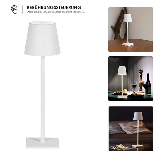 Moderne, dimmbare LED-Tischleuchte mit Akku – kabellos, wetterfest (IP54) und ideal für drinnen & draußen. Stufenlos dimmbar per Touch, mit warmem bis kaltem Licht (3000–6500K).